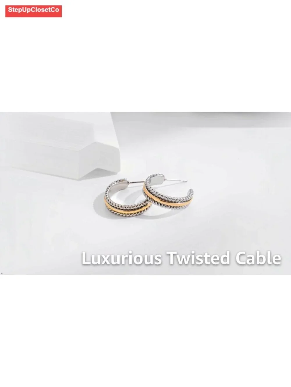 Two Tone Hoop Earrings for Women - Gold and Silver Plated Twisted Open C Hoops
